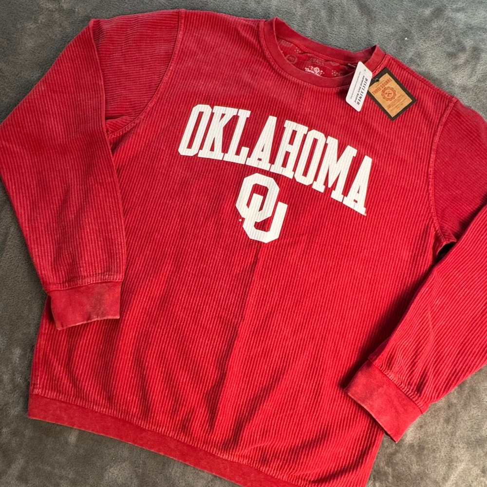 Oklahoma Sooners Three Square Garment Burn Washed Corduroy Sweatshirt Mens Small